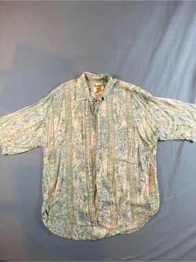 Vintage 1990s Protest Patterned Button-Up Shirt - Pastel Green/Pink -